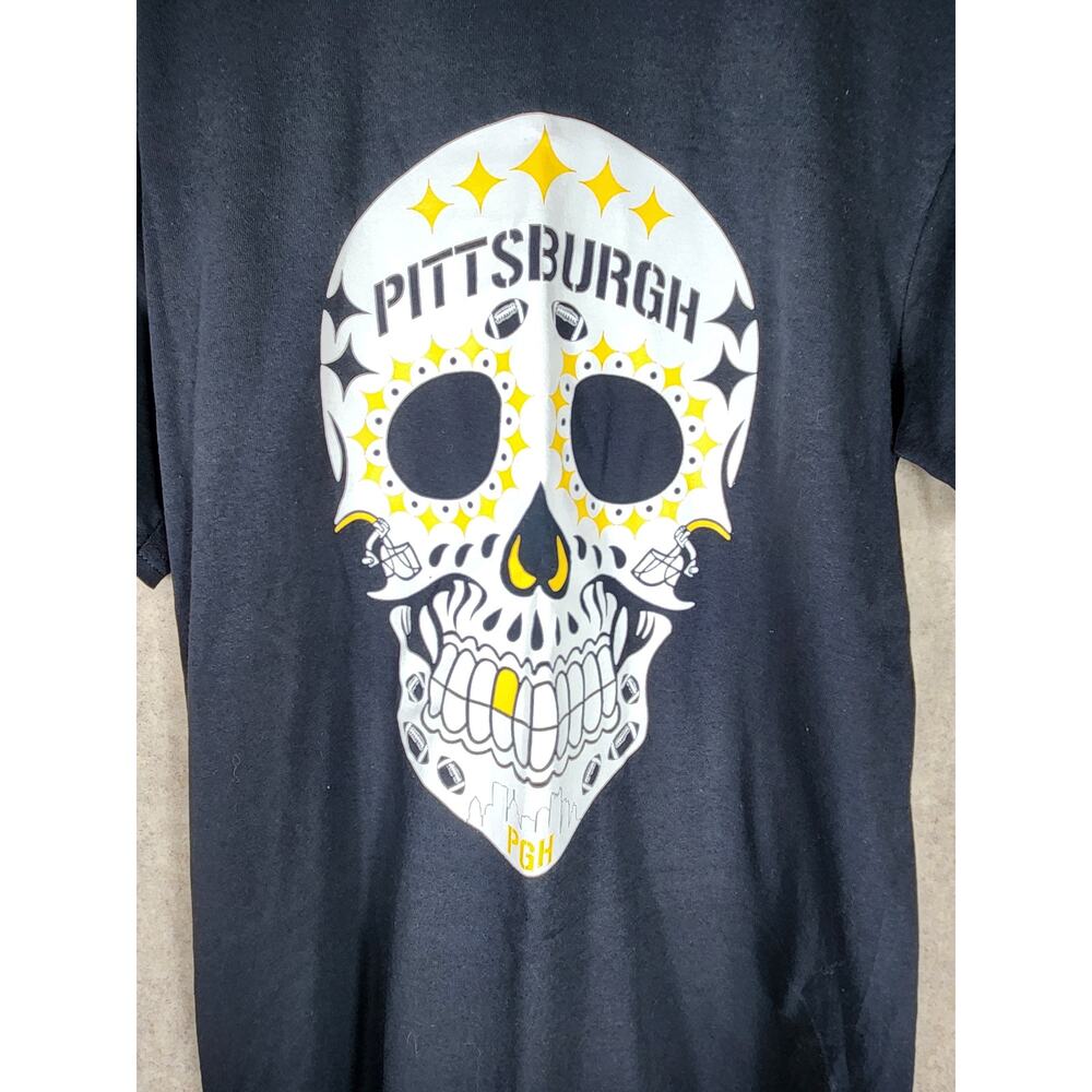 PITTSBURGH STEELERS Black White Football Sugar Skull Unisex T-Shirt SZ M - Picture 4 of 6